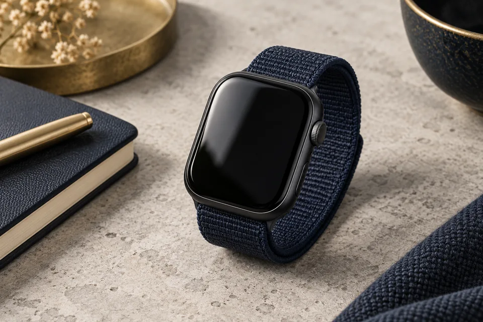 Smartwatch de ecrã escuro com bracelete desportiva azul.