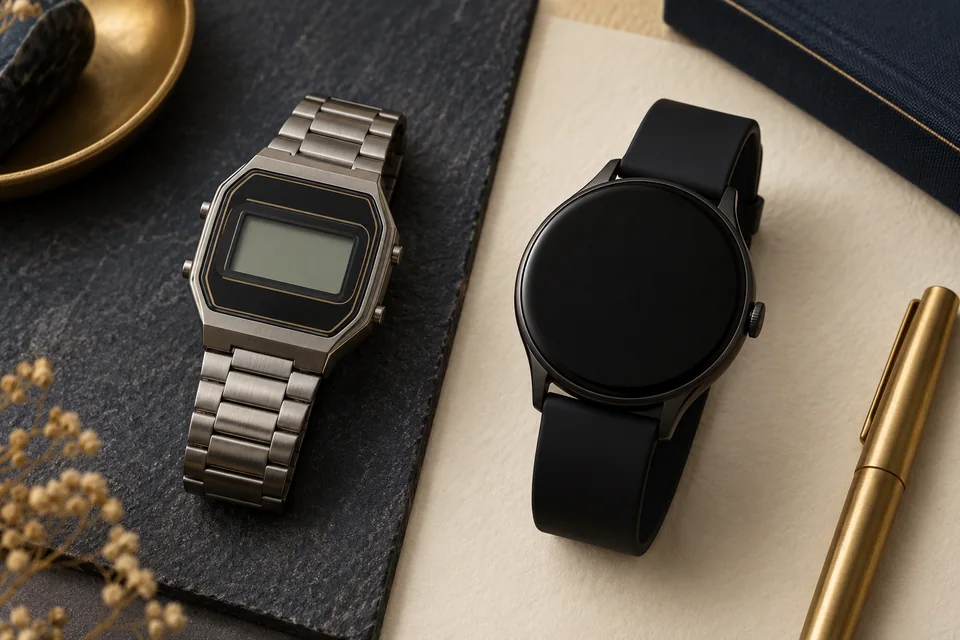 Relógio digital e smartwatch de ecrã escuro lado a lado.