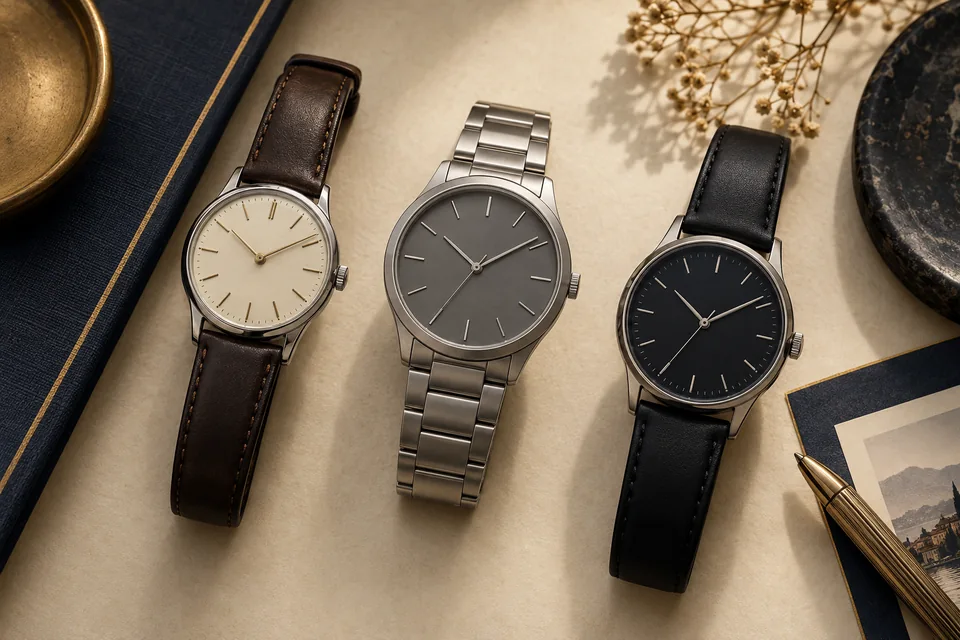 Três relógios de pulso com diferentes estilos de mostrador e bracelete.