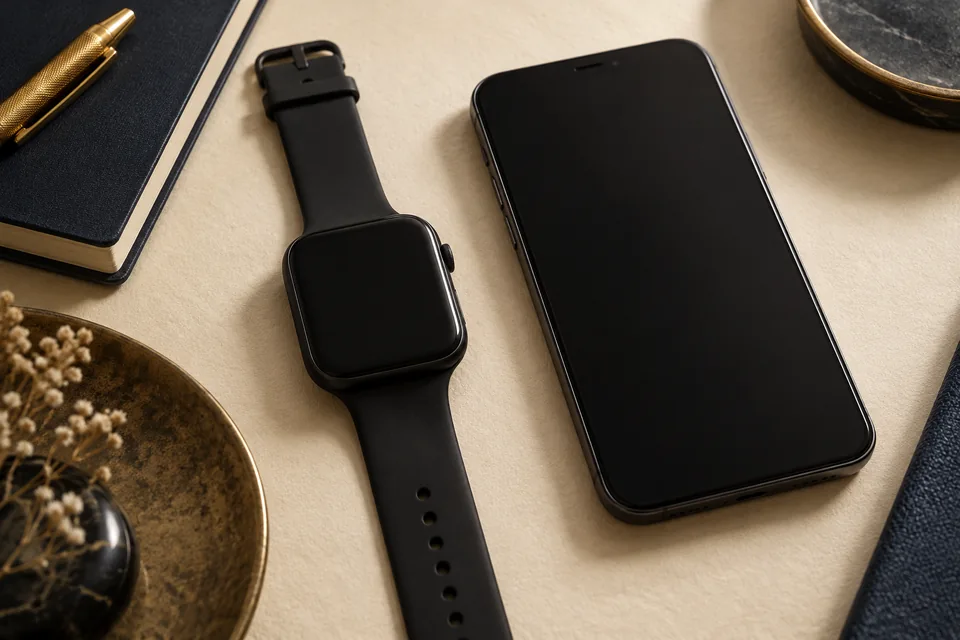 Smartwatch preto e telemóvel sem marca sobre fundo claro.