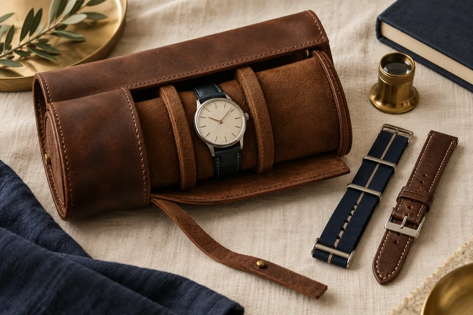 Estojo de viagem em pele, braceletes e lupa de relojoeiro.